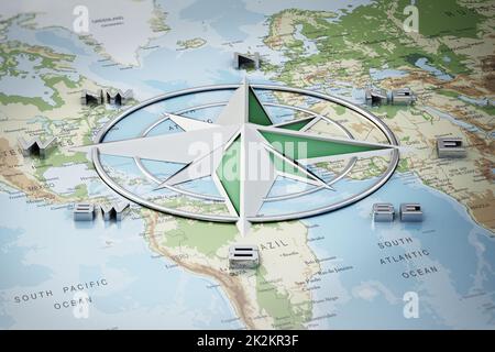 Symbole de boussole vintage indiquant les directions sur la carte du monde. 3D illustration Banque D'Images