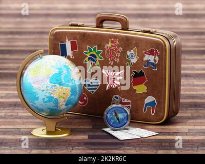 Valise vintage avec drapeaux des pays du monde, globe, boussole et billets d'avion. 3D illustration Banque D'Images