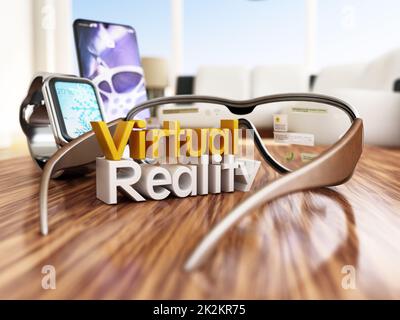 Lunettes de réalité virtuelle, smartphone et montre intelligente sur table en bois. 3D illustration Banque D'Images