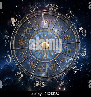 La roue de l'horoscope avec les signes du zodiaque et les constellations du zodiaque. 3D illustration Banque D'Images
