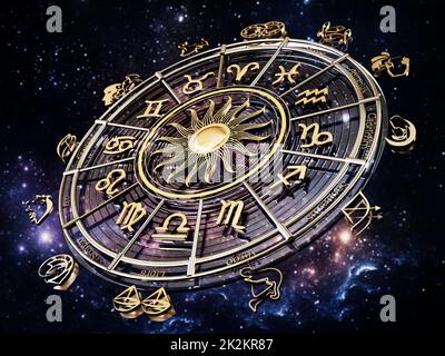 La roue de l'horoscope avec les signes du zodiaque et les constellations du zodiaque. 3D illustration Banque D'Images