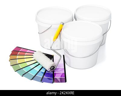 Seaux de peinture en plastique blanc vierge, rouleau de peinture et guide de couleur isolés sur fond blanc. 3D illustration Banque D'Images