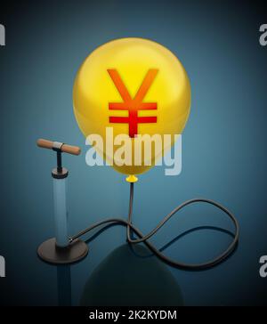 Pompe manuelle connectée au ballon jaune gonflé avec l'icône Yen. 3D illustration Banque D'Images
