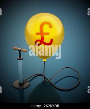 Pompe manuelle connectée au ballonnet jaune gonflé avec l'icône Pound. 3D illustration Banque D'Images