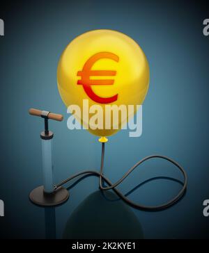 Pompe manuelle connectée au ballon jaune gonflé avec icône Euro. 3D illustration Banque D'Images