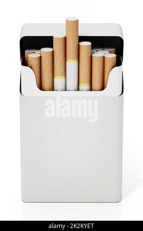Cigarettes à l'intérieur de l'emballage vierge isolées sur fond blanc. 3D illustration Banque D'Images