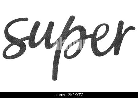 Gros plan sur le mot « Super » en noir composé de papier et de tissu isolés sur un fond blanc. Masque. Banque D'Images