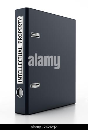 Dossier noir avec étiquette de propriété intellectuelle isolée sur fond blanc. 3D illustration Banque D'Images