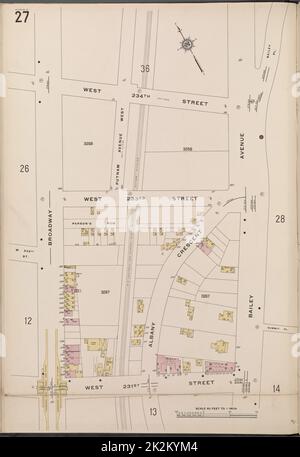 Cartographie, cartes. 1914. Lionel Pincus et Princess Firyal Map Division. Assurance incendie , New York (État), immobilier , New York (État), Villes et villages , New York (État) Bronx, V. 13, plaque no 27 carte délimitée par W. 234th St., Bailey Ave., W. 231st St., Broadway. Banque D'Images