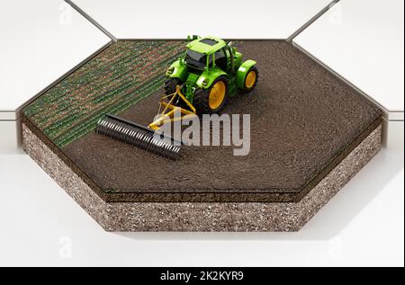 Tracteur vert sur le terrain isolé sur fond blanc. 3D illustration Banque D'Images