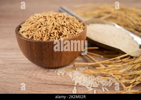 Riz blanc jasmin dans un bol en bois avec grain d'or de la ferme agricole. Banque D'Images