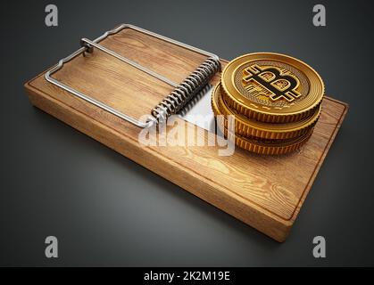 Pièce de monnaie crypto fictive se tenant sur le piège de la souris. 3D illustration Banque D'Images