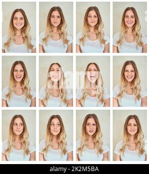 Soyez celui que vous voulez être. Photo composite d'une jeune femme qui fait différentes expressions du visage en studio. Banque D'Images