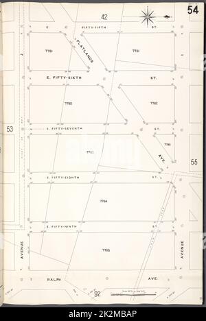 Cartographic, Maps. 1884 - 1936. Lionel Pincus and Princess Firyal Map Division. Fire insurance , New York (State), Real property , New York (State), Cities & towns , New York (State) Brooklyn V. 15, Plate No. 54 Map bounded by E.55th St., Avenue I, Ralph Ave., Avenue J Stock Photo