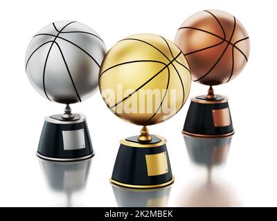 Ballons de basket-ball or, argent et bronze sur pieds. Premier, deuxième et troisième place du basket-ball. 3D illustration Banque D'Images