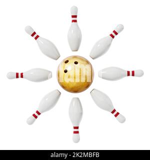 Boule de bowling et épingles isolées sur fond blanc. 3D illustration Banque D'Images