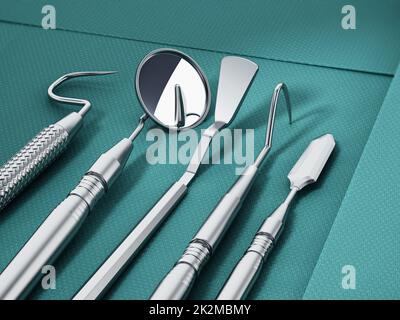 Jeu d'outils pour dentiste debout sur un chiffon stérile vert. 3D illustration Banque D'Images