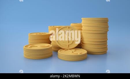 Piles de pièces en dollars sur fond bleu. Finances , épargne,investissement 3D illustration Banque D'Images