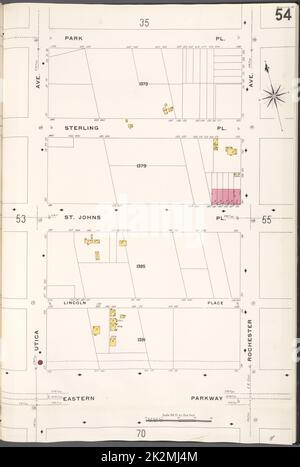 Cartographic, Maps. 1884 - 1936. Lionel Pincus and Princess Firyal Map Division. Fire insurance , New York (State), Real property , New York (State), Cities & towns , New York (State) Brooklyn V. 7, Plate No. 54 Map bounded by Park Pl., Rochester Ave., Eastern Parkway, Utica Ave. Stock Photo