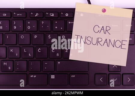 Légende présentant l'assurance automobile. Business idée accidents couverture politique globale garantie véhicule automobile ordinateur clavier et Symbol.support d'information pour la communication. Banque D'Images