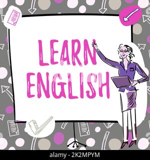 Texte montrant inspiration apprendre l'anglais. Vitrine d'affaires Universal Language Easy communication et comprendre Businesswoman décontracté Standing présentant des graphiques et de nouvelles idées merveilleuses. Banque D'Images