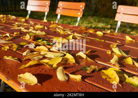 Vider les tables et les chaises dans un café en plein air en Allemagne pendant la pandémie de Corona Banque D'Images