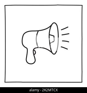 Icône ou logo de haut-parleur Doodle, dessiné à la main avec une fine ligne noire. Banque D'Images