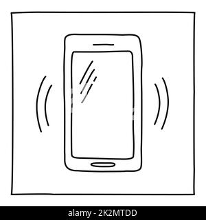 Icône de téléphone mobile Doodle sonnant main dessinée avec une ligne mince Banque D'Images