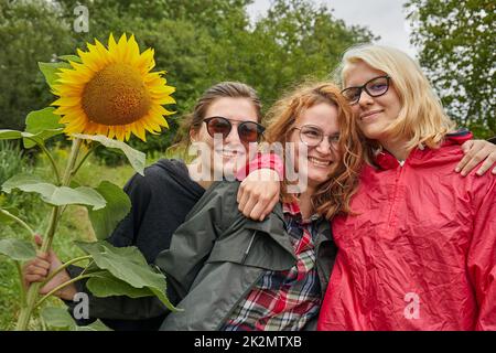 Filles faisant photo de groupe tenant le tournesol Banque D'Images