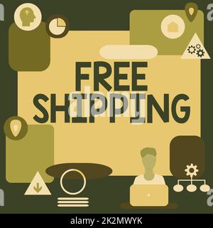 Légende conceptuelle livraison gratuite. Idée d'affaires fret expédition chargement chargement chargement chargement chargement expédition Cartage Homme assis sur le bureau travailler et présenter de nouvelles technologies. Banque D'Images