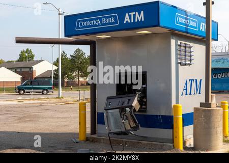 Detroit, Michigan - A Comerica Bank ATM after a robbery on the east side of Detroit. Stock Photo