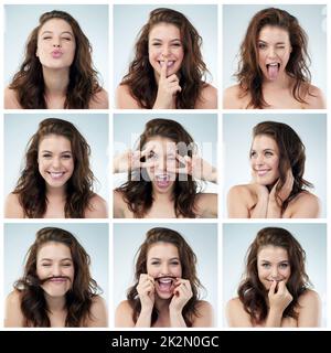 Des shes parfaits à tous points de vue. Image composite d'une jeune femme faisant des expressions différentes. Banque D'Images