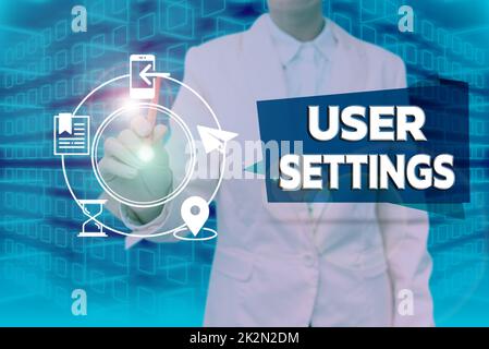 Inspiration montrant les paramètres utilisateur du signe. Mot écrit sur la configuration de l'apparence système d'exploitation personnalisé Dame en costume tenant le stylo symbolisant les succès de travail d'équipe. Banque D'Images