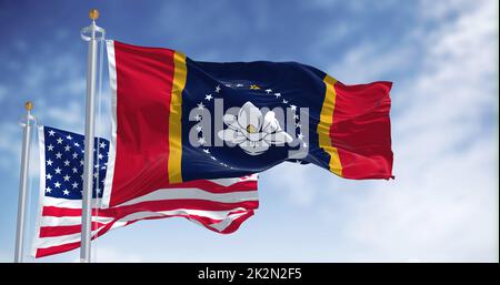 Le drapeau de l'État du Mississippi agité avec le drapeau national des États-Unis d'Amérique Banque D'Images