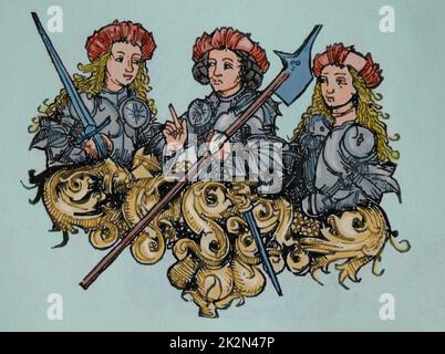 Amazones. Groupe de guerriers féminins. Gravure. Gravure. Le Cronicle de Nuremberg, 15th siècle. Banque D'Images