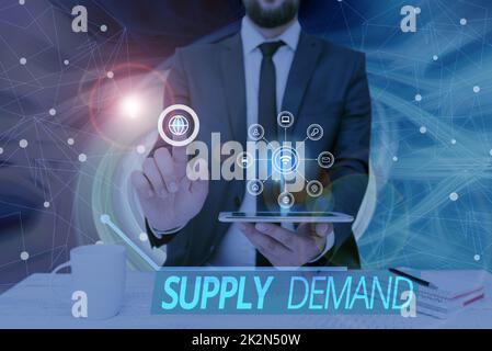 Écriture affichant le texte demande d'approvisionnement. Mot écrit sur la relation entre les montants disponibles et l'homme recherché écran de maintien de téléphone mobile montrant la technologie futuriste. Banque D'Images