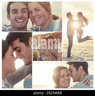 L'amour dans toute sa merveille. Image composite d'un jeune couple heureux dans différents moments romantiques en plein air. Banque D'Images