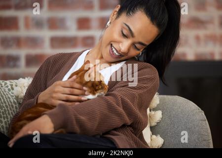 Le bonheur est d'avoir un chat comme un ami. Photo d'une jeune femme qui se joint à son chat tout en étant assise à la maison. Banque D'Images