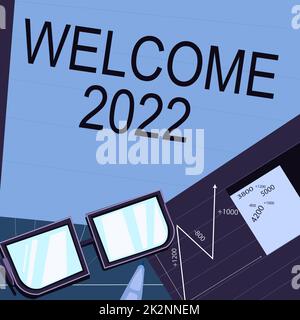 Présentation conceptuelle Bienvenue 2022. Mot pour la célébration du nouvel an motivation pour commencer des Cheers Félicitations papier séance sur le bureau consistant graphiques calcul des plans financiers. Banque D'Images