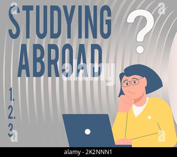 Texte montrant l'inspiration étudiant à l'étranger. Mot écrit sur apprendre à l'extérieur de la maison à l'étranger voyage Lady dessin brainstorming nouvelles solutions entourées de questions-repères Banque D'Images