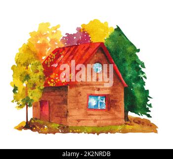 Aquarelle maison. Maison en bois dans la forêt d'automne à la limite. Banque D'Images