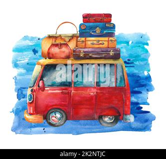 Fourgonnette aquarelle. Voiture de voyage de type fourgonnette rouge avec bagages sur le toit sur fond bleu. Banque D'Images
