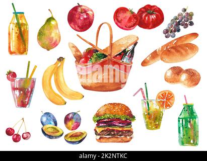 Ensemble d'aquarelles pour pique-nique. Un ensemble de produits pour les loisirs de plein air. Banque D'Images