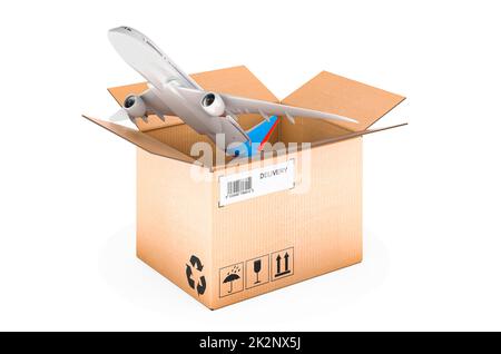 Parcel with plane, 3D rendering isolated on white background Stock Photo