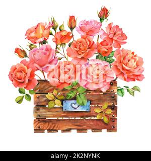 Panier en bois aquarelle. Boîte décorative en bois avec roses roses roses. Banque D'Images