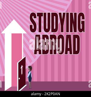 Légende du texte présentant étudier à l'étranger. Idée d'affaires apprendre à l'extérieur de la maison dans un pays étranger voyager Lady debout devant la porte ouvrant de nouvelles possibilités de succès. Banque D'Images