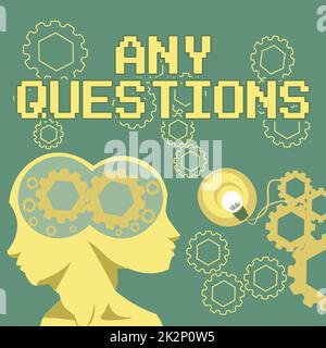 Affiche présentant toutes les questions. Concept signification sans cluse Blank face Enquiry litiges questions sondes devinettes deux têtes avec COGS montrant des idées de technologie. Banque D'Images