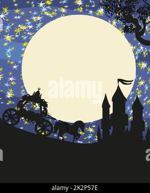 Silhouette d'une calèche et d'un château médiéval Banque D'Images
