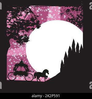 Silhouette d'une calèche et d'un château médiéval Banque D'Images