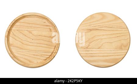 Assiette ronde en bois vide pour servir du fromage, des légumes sur un fond blanc isolé Banque D'Images